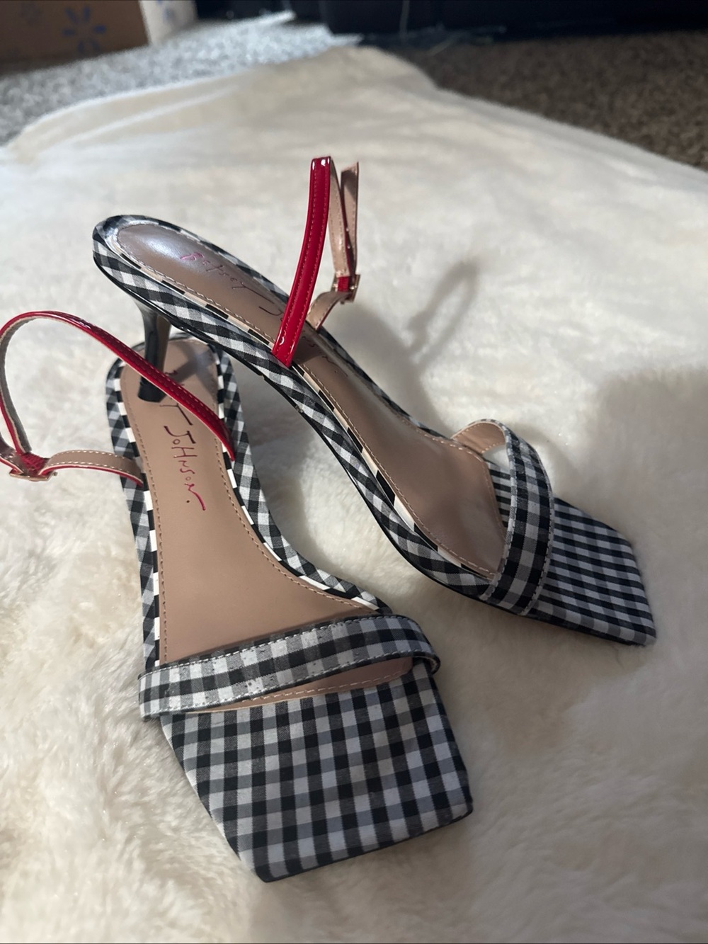Betsey Johnson Black & White Gingham Heels with Red Sling